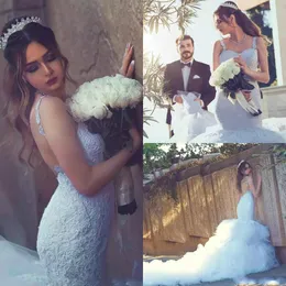 Vintage árabe correas espaguetis sirena vestido de novia encaje cariño apliques encaje sin respaldo tul volantes jardín vestidos de novia por encargo