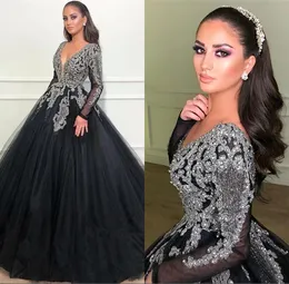 2019 negro árabe v neck tulle vestidos de longa noite vestidos cintilantes lantejoulas frisadas mangas compridas varrer trem festa formal vestidos de baile bc1369