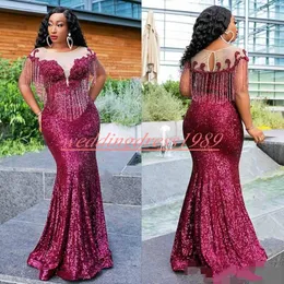 Bling African Sequins Mermaid Evening Dresses Beading Black Girl South African Gäst Formell Kappor Plus Size Nigerian Party Prom Casp