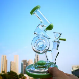 Duplo Recycler Glass Bong Slitted Donut PERC Tubos de Água 14mm Junta feminina com tigela Óleo Dab Rigs Sidecar Bocal