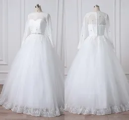 2019 Winter Long Sleeve A-line Wedding Dresses Lace Jewel Empire Waist Applique Crystal Princess Wedding Gowns Bridal Dress Real Image