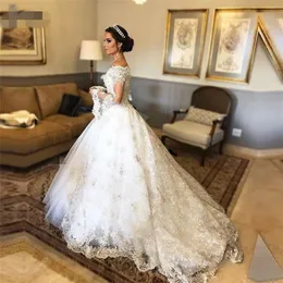 Wedding Dresses 2020 Luxury Flare Sleeve Lace wedding gowns v neck beaded vestido de noiva robe de mariee vestidos de festa Bride Dress