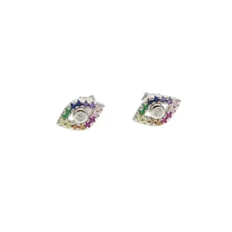 Wholesale- eye charm Gold silver plated 925 sterling silver rainbow colorful cz paved bright silver eye stud earring