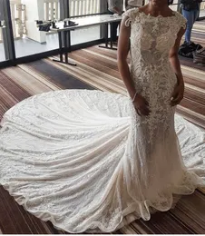Pełna Koronkowa 2019 Suknie ślubne Jewel Mermaid Trumpet Haft Bridal Dress Dress Court Plaża Wysoki poziom Vestidos De Novia Pearls