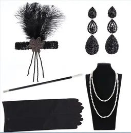 Mode lyxig designer svart kristall sequins vintage fjäder tofs huvudband hår smycken handskar pärla halsband fest kvinna tillbehör