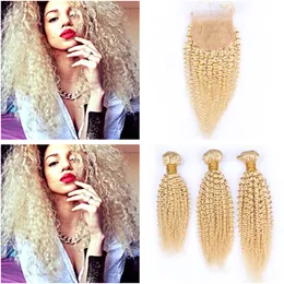 Virgin Brazilian Blonde Human Hair 3Pcs Bundles Kinky Curly with Top Closure 4Pcs Lot #613 Bleach Blonde 4x4 Front Lace Closure with Weaves