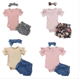 Baby kläder tjejer solida rompers bowknot denim shorts huvudband kläder sätter barn jumpsuit blommig tryckta shorts hårband kostymer cyp614