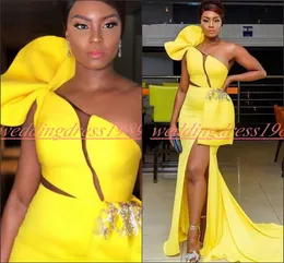 Sexy Yellow Mermaid Split Evening Dresses Party Bow Cekiny Jeden Ramię Afryki Plus Rozmiar Pageant Prom Suknie Robe de Soirée Formalne zużycie