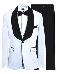 White Groomsmen Pattern Groom Tuxedos Shawl Black Velvet Lapel Men Suits Wedding Best Man Bridegroom (Jacket + Pants + Vest + Tie) L241