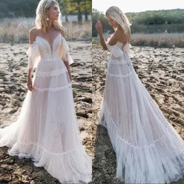 Modest A Cheap Line Spaghetti Straps Backless 1/2 Sleeve Bohemian Wedding Dresses Lace Bridal Gown Boho Vestidos