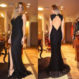 Sexy Black Full Lace Mermaid Prom Dresses Deep V Neck Pleats Backless High Side Split Formal Dress Evening Gowns Vestidos De Noiva ogstuff