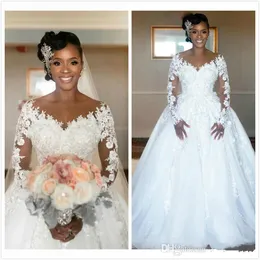 2020 abiti da sposa arabi vintage in rilievo di pizzo con perline abiti da sposa africani con collo a maniche lunghe in tulle cappella treno abiti da sposa