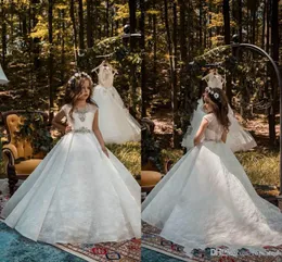 Elegancki Biały Kryształ Koronki Kwiat Kwiat Dziewczyna Suknie Urodziny Toddler Tutu Kids Pagewant Pierwsza Komunia Sukienka Długi Prom Dresses Girl Nosić Suknie