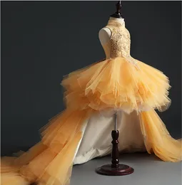 Vestido de desfile de niña de tul dorado, vestido de fiesta de cumpleaños, cuentas de lentejuelas Hi-Lo, vestido de princesa de flores para niña, primera comunicación esponjosa para niños 289J