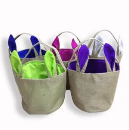 Burlap Easter Basket Bucket Bunny Rabbit Ears Storage Handbag Basket Cute Gift Bags Portable Put Easter Eggs Organizer Round Bottom PY1