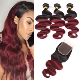 Brazilian Virgin Hair 1B/99J Body Wave 3 Bundles With 4X4 Lace Closure 4 Pieces/lot 1B 99j Body Wave Hair Wefts With Closure Middle Free