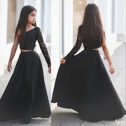 Cheap Princess Black Flower Girls Dresses For Weddings One Shoulder Long Sleeve Two Pieces Lace Crystal Birthday Girl Communion Pageant Gown