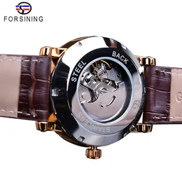 Forsining moda masculina relógio mecânico rosa caso de ouro sub dial relógios esportivos couro genuíno alta qualidade cavalheiro relógio reloj249i