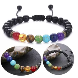 Charms 7 Chakra Naturlig lava stenarmband Justerbar vävt handsträng Armband Yoga Beads Armband för Unisex Smycken Gratis DHL