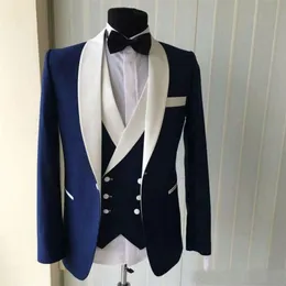 Custom Made Mens Wedding Suits White Shawl Lapel Slim Fit Blue Groom Tuxedos Men Business Prom Suits(Jacket+Vest+Pants)