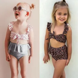 2020 Moda 2 sztuk malucha Dziewczynka Leopard Swimwear Bez Rękawów Topy Kąpiel Kostium Bikini Stroje Kąpielowe Zestaw