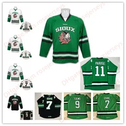 North Dakota Fighting Sioux Hawks 11 Zach Parise 9 Jonathan Toews 7 TJ Oshie White Black Green Ed College UND Hockey-Trikots S-3XL