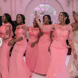 복숭아 핑크 핑크 인어 신부 들러리 드레스 2020 반 소매 환상 레이스 아플리케이 파운드 아프리카 아프리카 크기의 하녀 401 401