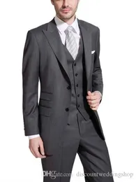 Slim Passar Man Arbete Business Suit Mörkgrå Män Bröllop Tuxedos Prom Blazer Party Coat Kläder (Jacka + Byxor + Vest + Tie) J659