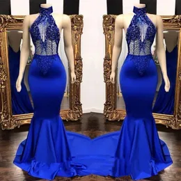 Azul deslumbrante sereia real da sereia de renda de renda para vestidos de noite ilusão de pescoço alto vestidos formais feitos personalizados