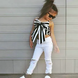 Fashion Girls Suit Stripe Tops + Pants 2 Pieces The Strapless Set Kids Bowknot Hole White Jeans Girls Clothin 37