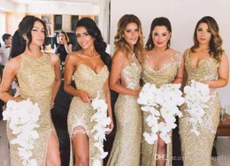 Newest Luxury Sparkly Bling Mermaid Bridesmaid Dresses Gold Sequined Backless Slit Plus Size Maid Of The Honor Gowns Robe de sorie2597