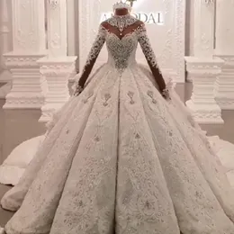 2020 Dubai Luxo cristal frisado applique lace ball vestido vestido de noiva pescoço de manga longa oco Vestido de Noiva vestido de noiva