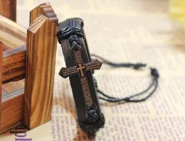 Кожаный браслет Крест Библия Плетеные Браслеты Ювелирные Изделия Handmade Черный Подлинный Регулируемый браслет