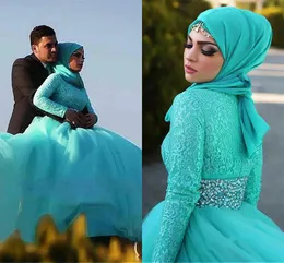 Готическая бирюзовая бальное платье мусульманские свадебные платья Saudi Dubai девушки из бисера хрустальные ремни высокие шеи с длинным рукавом свадьбы африканские свадебные