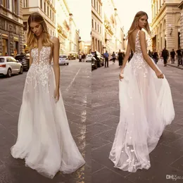 Sexy 2020 Spring Beach Wedding Dresses Lace Appliqued Beach Boho V Neck Tulle A Line Backless Bridal Gowns Vestido De Novia