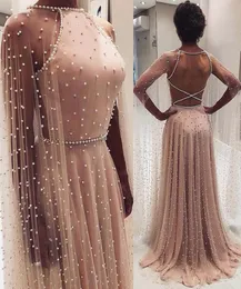 Beaded Pearls A Line Prom Klänningar med Wraps Halter Criss Cross Open Back Girls Pageant Klänningar Golvlängd Kvinnor Formell Party Clothing