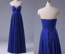 2019 Charmig Royal Blue Long Chiffon Prom Klänningar Beaded Formal Evening Party Dress Bridesmaid Wear Party Gown QC1360