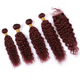 99J Wet and Wavy Human Hair 4Bundles and Closure Wine Red Virgin Hair Water Wave Brazilian Burgundy Human Hair Weaves with Lace Closure