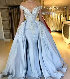 Splendidi abiti da sera con perline a sirena con strascico staccabile Sheer Off spalla maniche corte abiti da ballo abito formale in raso con paillettes