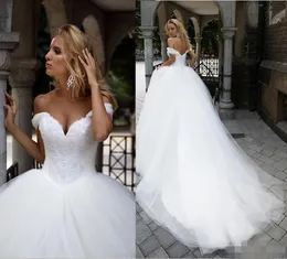 Luxo frisado vestido de bola de cristal vestidos de casamento fora do ombro mangas tampão tule vestido de casamento vestido de casamento vestido de novia