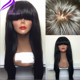 Lång rak syntetisk peruk brasiliansk glanslös spets front simulering mänskliga hår peruker med bangs pre plocked blekta knutar för svarta kvinnor