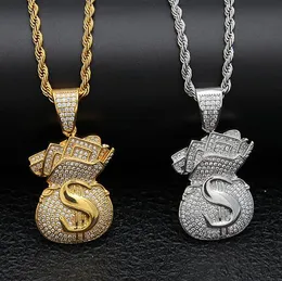 14K Gold Iced Out Dollar Sign Money Bag Pendant Necklace Bling Bling Pendant Mens Hip Hop Micro Pave Cubic Zirconia Simulated Diamonds Jewel