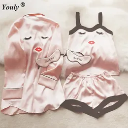 Pama define 4 peças Pamas Sleepwear Feminino Cetim Pijama 2019 Pijama de moda fofa Mulheres de seda elegante Sleep Lounge J190613