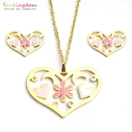 Yunkingdom rosa blomma mode hjärta titan smycken uppsättningar för kvinnor rostfritt stål hängsmycke halsband örhängen sätter ue0158
