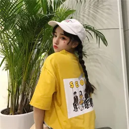 夏のKPOP原宿夏Tシャツ綿の半袖ポケットソウル印刷バックトップBFスタイルulzzang女の子ティー女性のトレンド