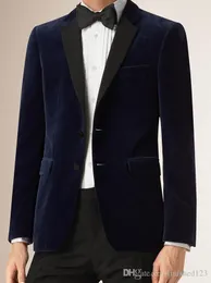 Nowy styl Dwa przyciski Dark Blue Velvet Wedding Groom Tuxedos Notch Lapel Groomsmen Mężczyźni Garnitury Prom Blazer (Kurtka + Spodnie + Krawat) NO: 2021