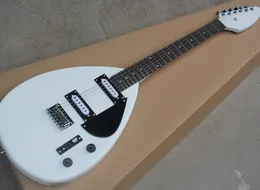 Free shipping white semi hollow electric guitar with fixed bridge,rosewood fretboard,black pickguard,can be customized