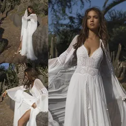 Asaf Dadush Bohemian 2020 Wedding Dresses With Wrap Long Sleeve Spaghetti Neck Bridal Gowns For Beach Gardens Cheap A Line Wedding Gowns 461