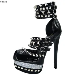 rontic 새로운 여성 플랫폼 샌들 섹시한 리벳 Stiletto 하이힐 샌들 Peep Toe 검은 파티 신발 여성 미국 플러스 사이즈 4-12