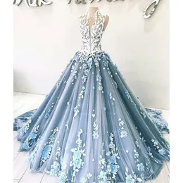 High Neck Luxury Blue Prom Dresses 2020 Elegant 3D Floral Appliques Ball Gown Evening Dress Dubai Arabic Formal Wear Robe De Soiree